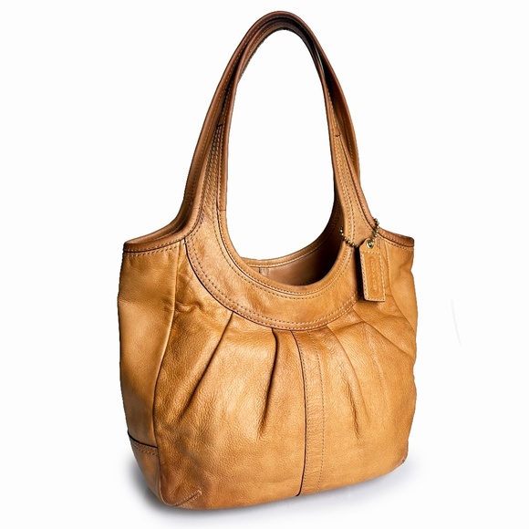 Coach Pleated Ergo Tote #12240 Tan Leather Tattersall Lining 2008 Collection - Picture 3 of 11